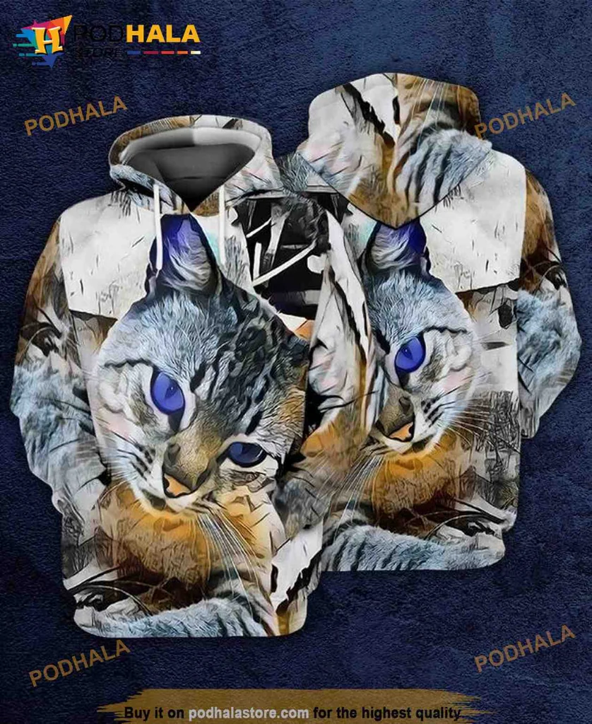 Artistic Gray Tabby Cat 3d Hoodie Sweatshirt With Vivid Blue Eyes