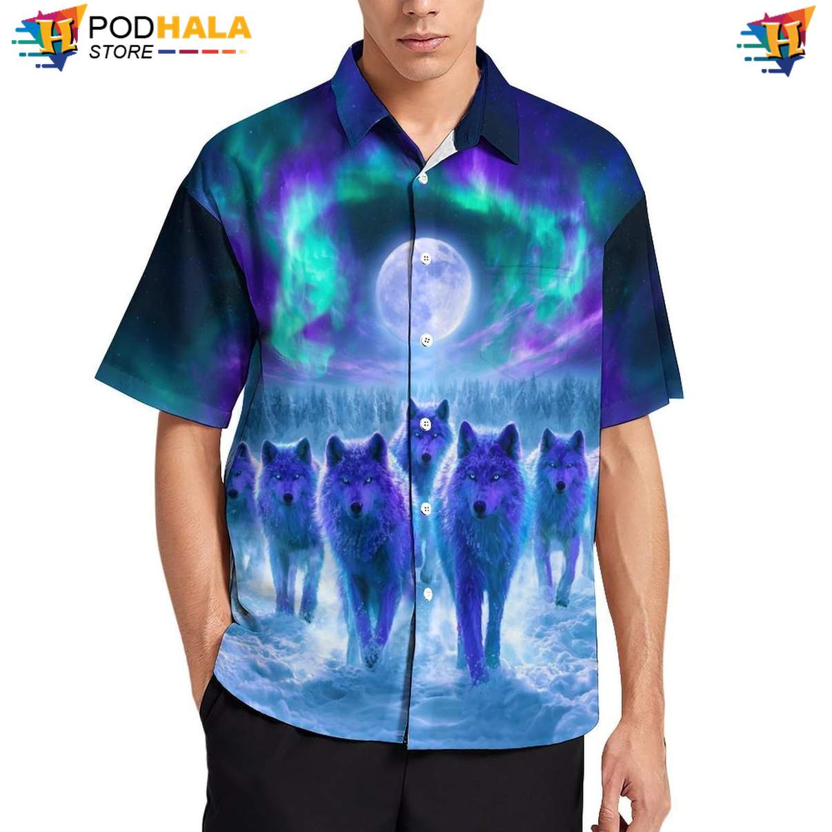 Aurora Pack Wolf Aloha Shirt Mens Moon Cool Galaxy Print Beachwear Top