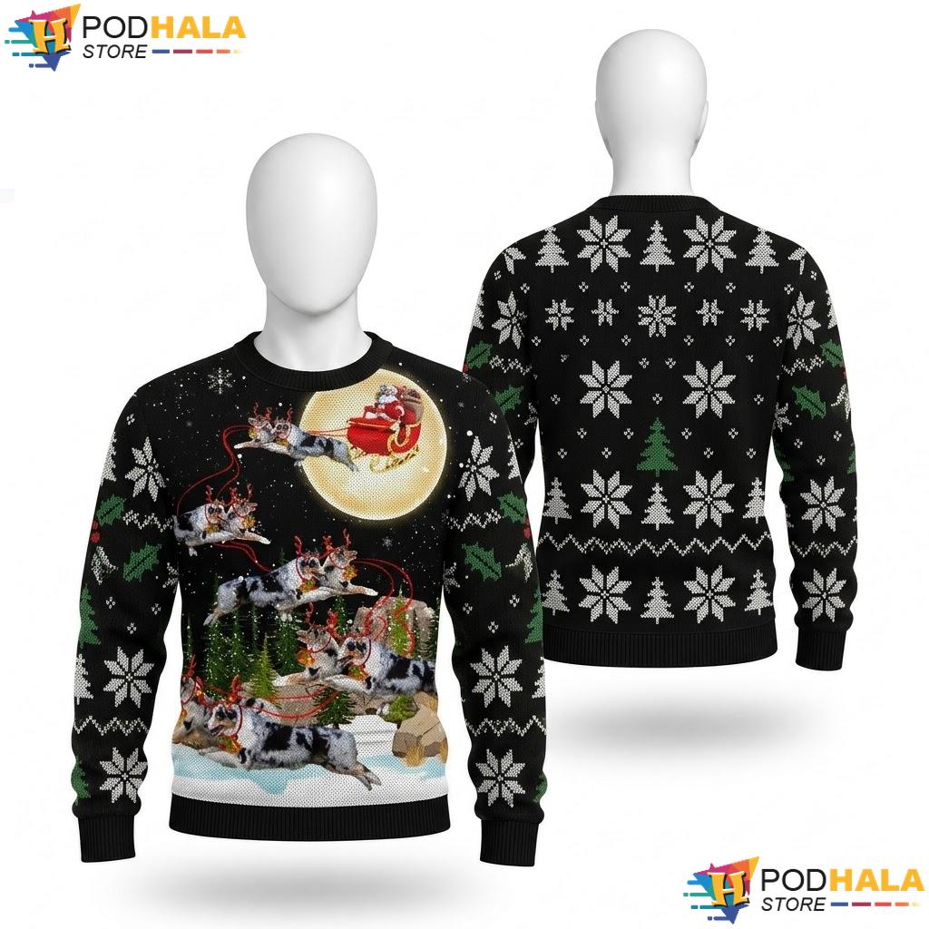 Australian Shepherd Reindeer Christmas Sweater Dog Riding Santa Top