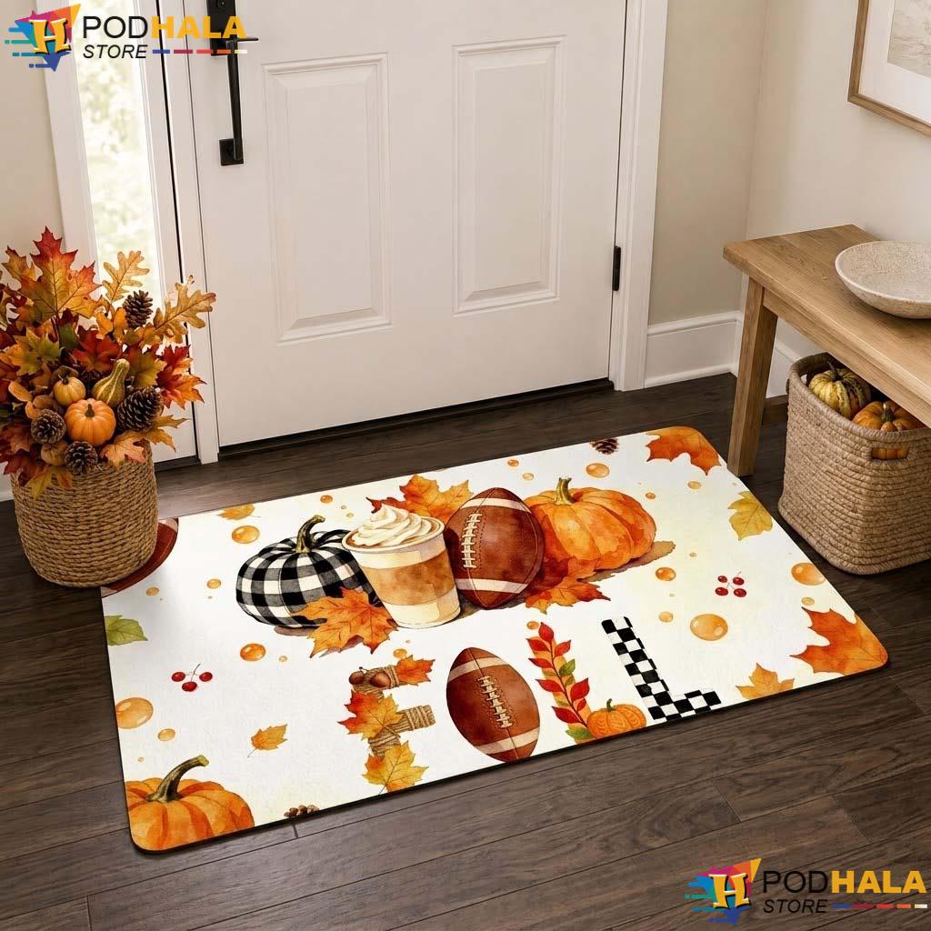 Autumn Football Fall Doormat Festive Halloween Pumpkin Welcome Rug Decor