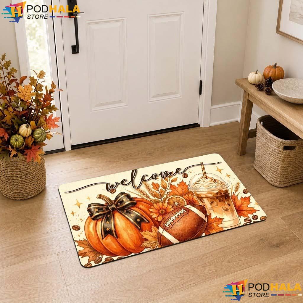 Autumn Pumpkin Spooky Doormat Cheerful Fall Leaf Halloween Entrance Rug