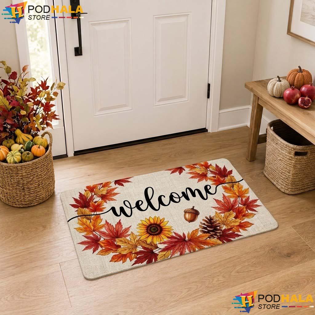 Autumn Sunflower Welcome Doormat Vibrant Fall Leaf Entryway Rug Home Decor