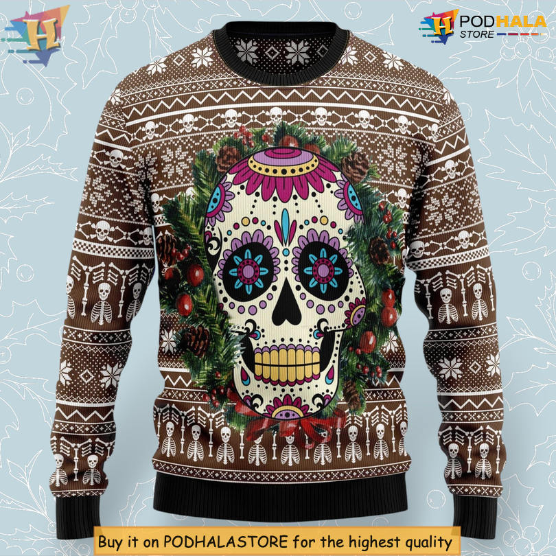 Awesome Sugar Skull Festive Day Of The Dead Themed Family Christmas Sweater