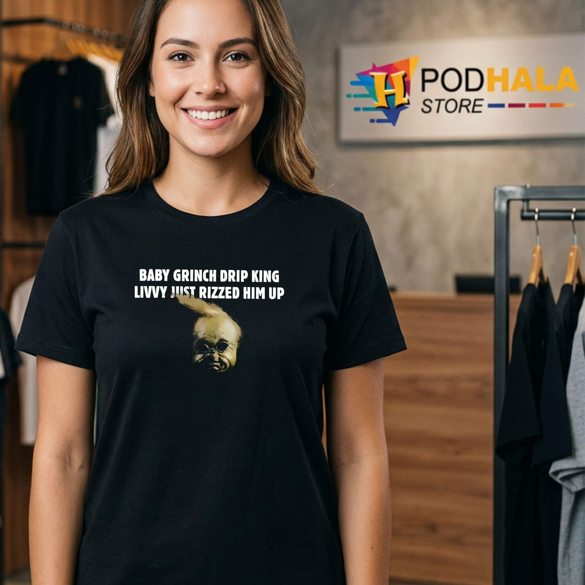 Baby Grinch Drip King Livvy Shirt Just Rizzed Him Up Funny Meme Graphic Mens
