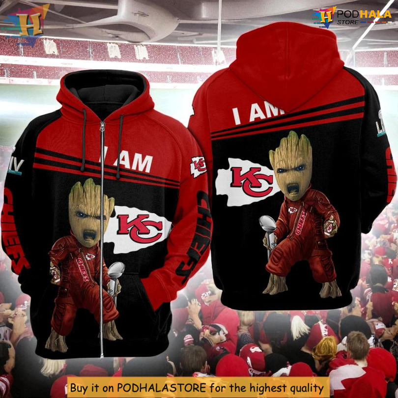 Baby Groot Red Black Kansas City Chiefs Hoodie 3D, Custom Fan Apparel