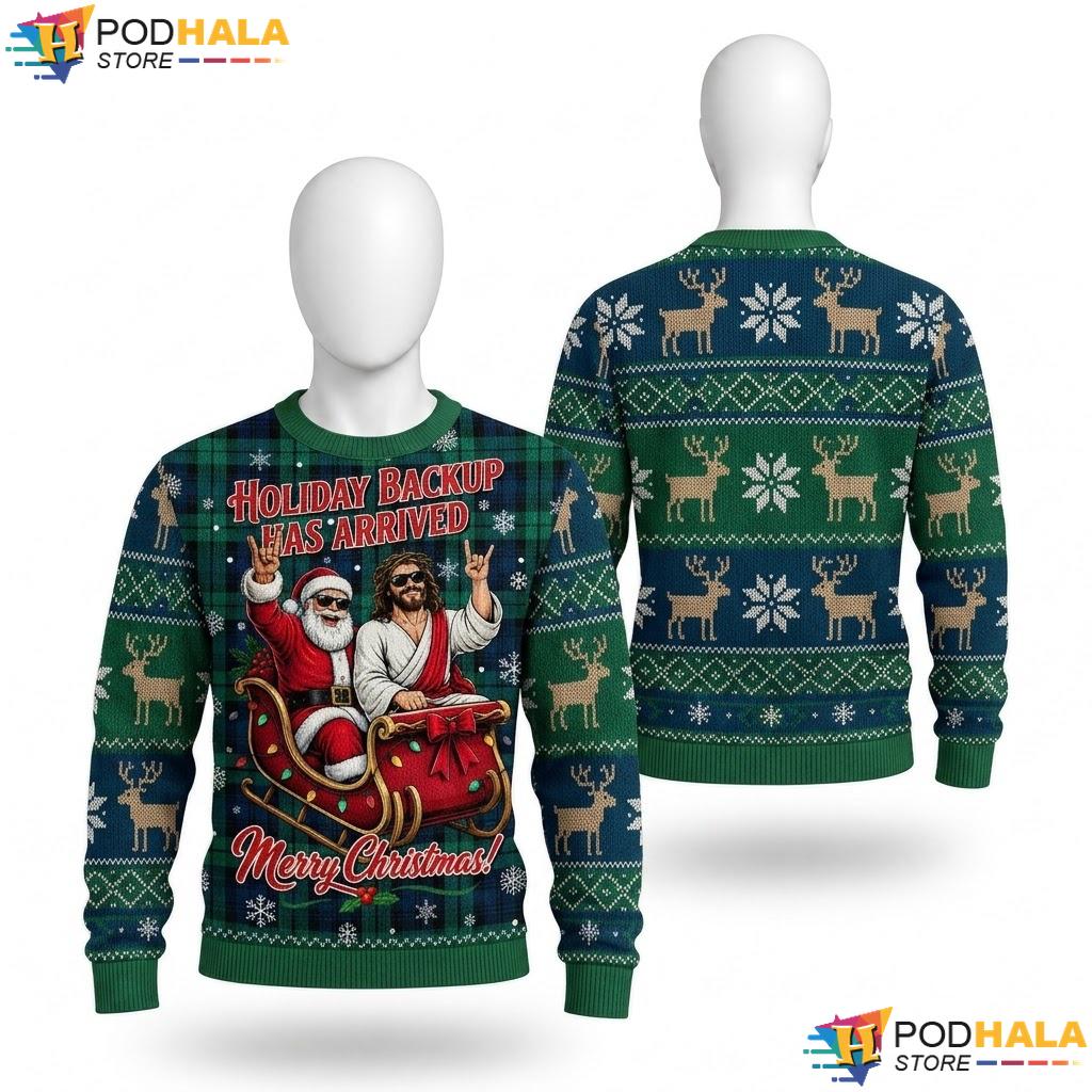 Backup Arrived Ugly Christmas Sweater Vintage Santa Jesus Mens Apparel