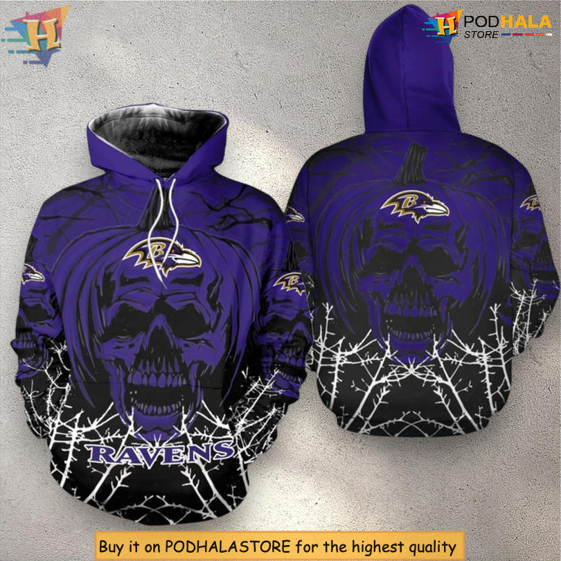 Baltimore Ravens Hoodie 3D Halloween Pumpkin Skull Print Gift for NFL Fans