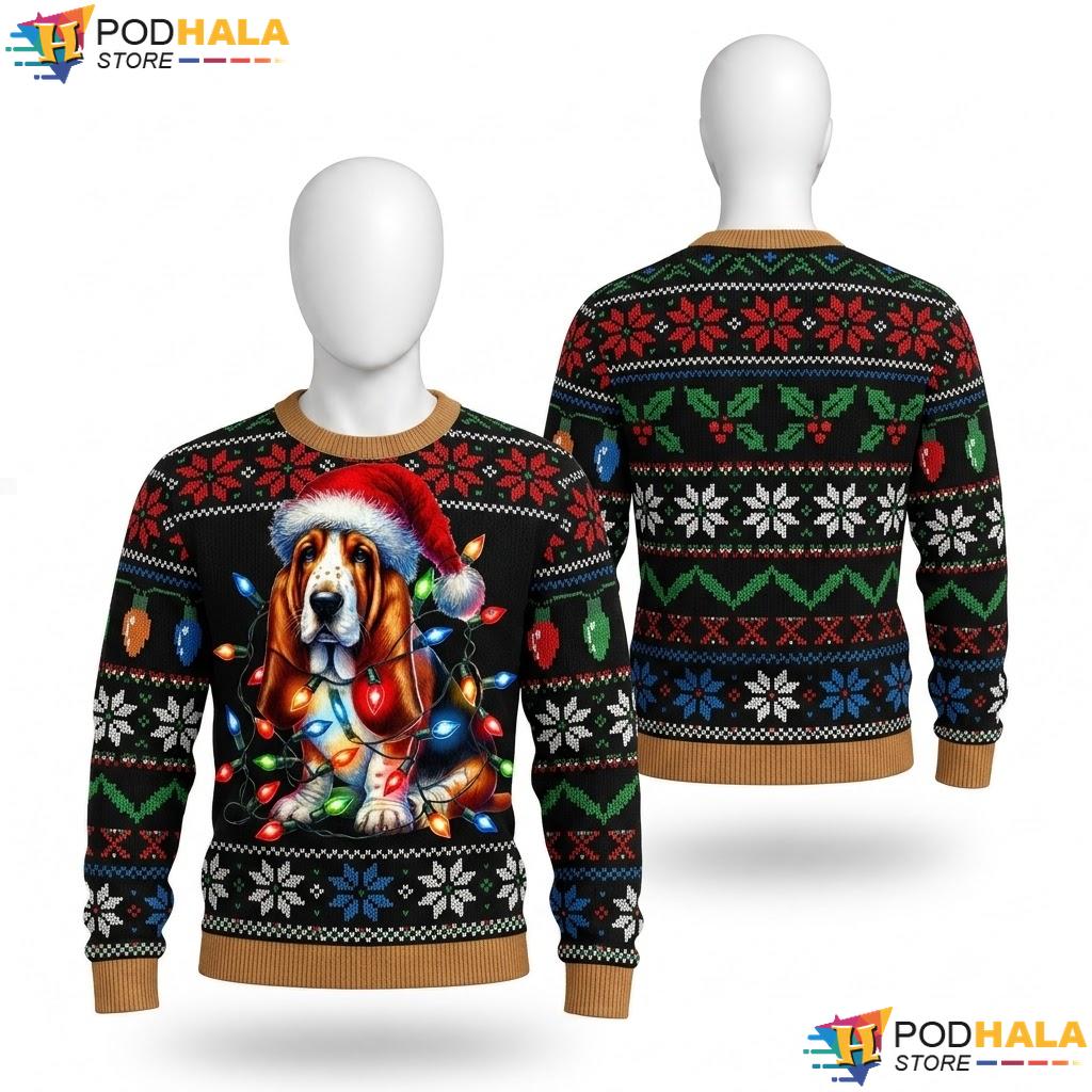 Basset Hound Christmas Lights Sweater Santa Hat Dog Lover Outfit
