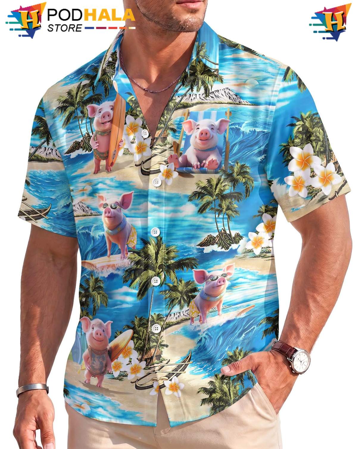 Beach Pig Hawaiian Shirt Mens Stretch Resort Wear Novelty Vacation Clothing