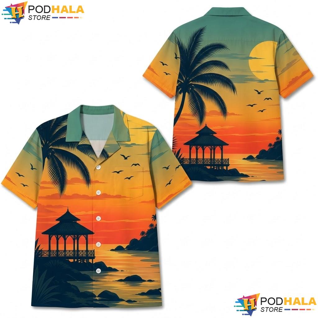 Beach Scene Sunset Palm Tree Hawaiian Shirt Vibrant Casual Apparel