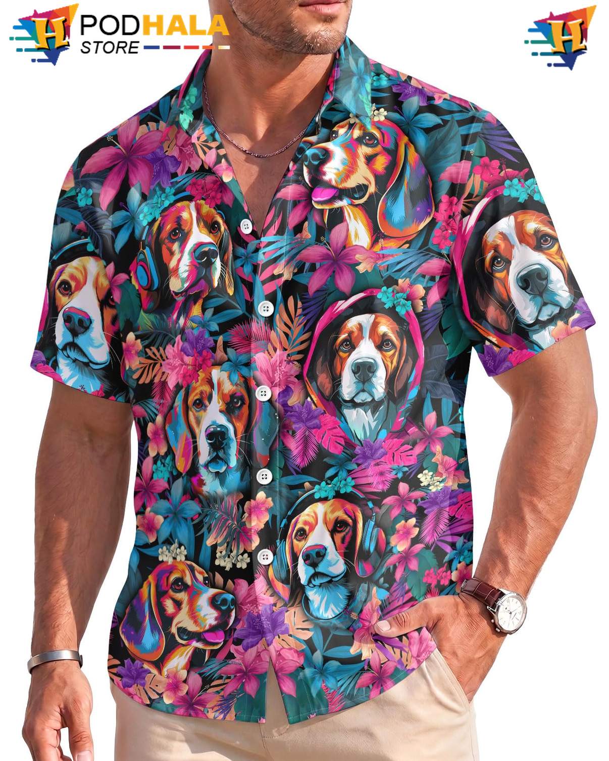 Beagle Dog Hawaiian Shirt Mens Stretch Beach Resort Wear Holiday Cruise Gear