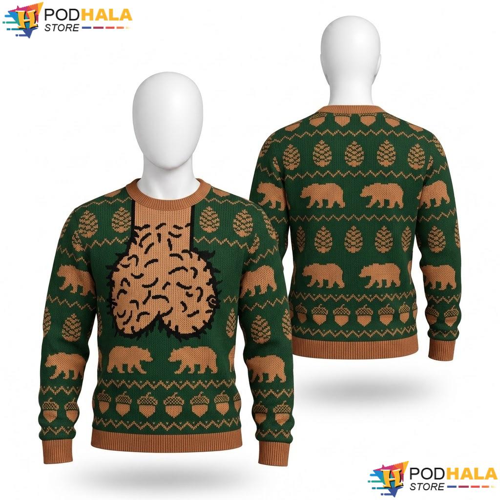 Bear Pine Tree Humorous Ugly Sweater Funny Christmas Playful Motifs Top