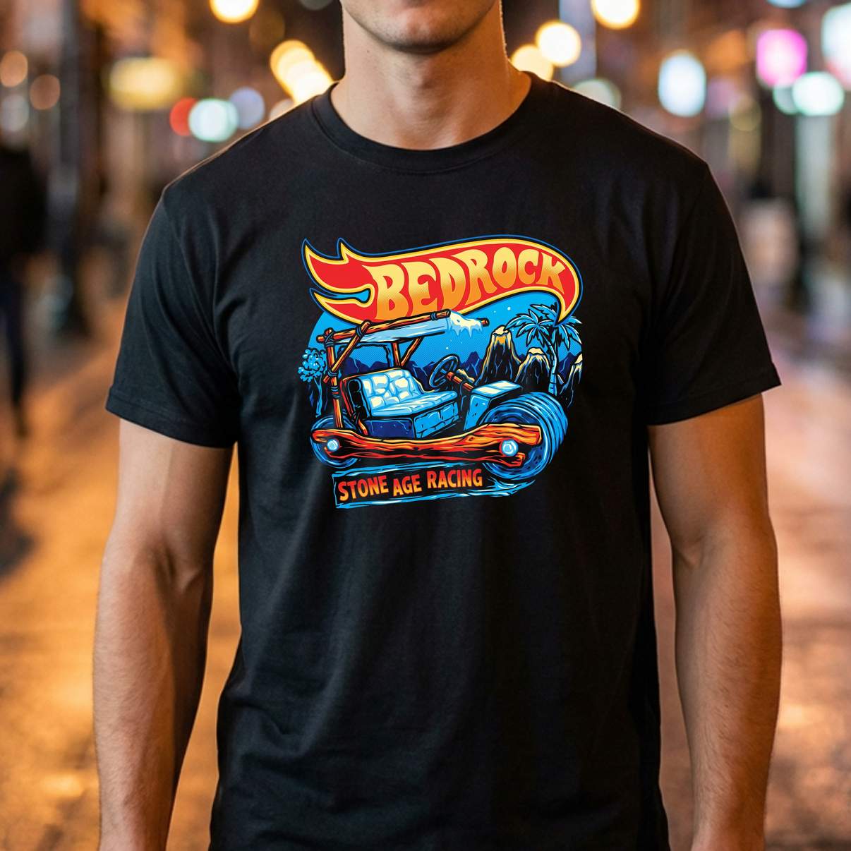 Bedrock Stone Age Racing T-Shirt Retro Cartoon Motorsport Graphic For Mens Bedrock Stone Age Racing T-Shirt Retro Cartoon Motorsport Graphic For Mens