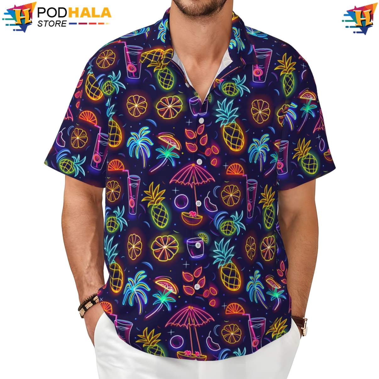 Beer Pineapples Aloha Shirt Neon Funny Mens Short Sleeve Beach Button Up