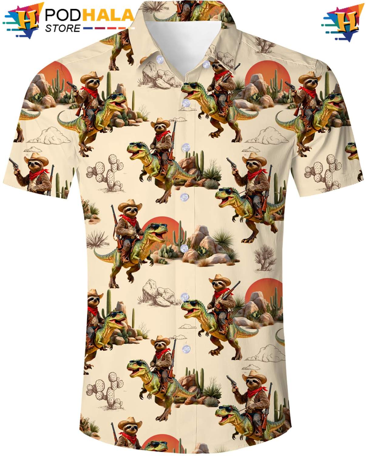 Beige Brown Cowboy Hawaiian Shirt Western Mens Short Sleeve Summer Apparel