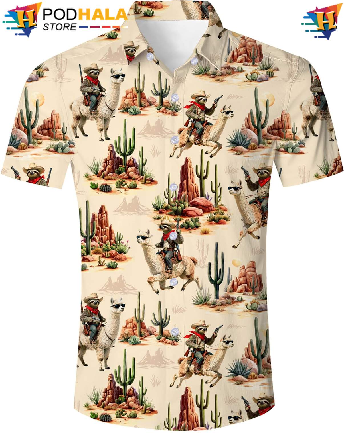Beige Green Cowboy Aloha Shirt Western Mens Short Sleeve Summer Beach Top