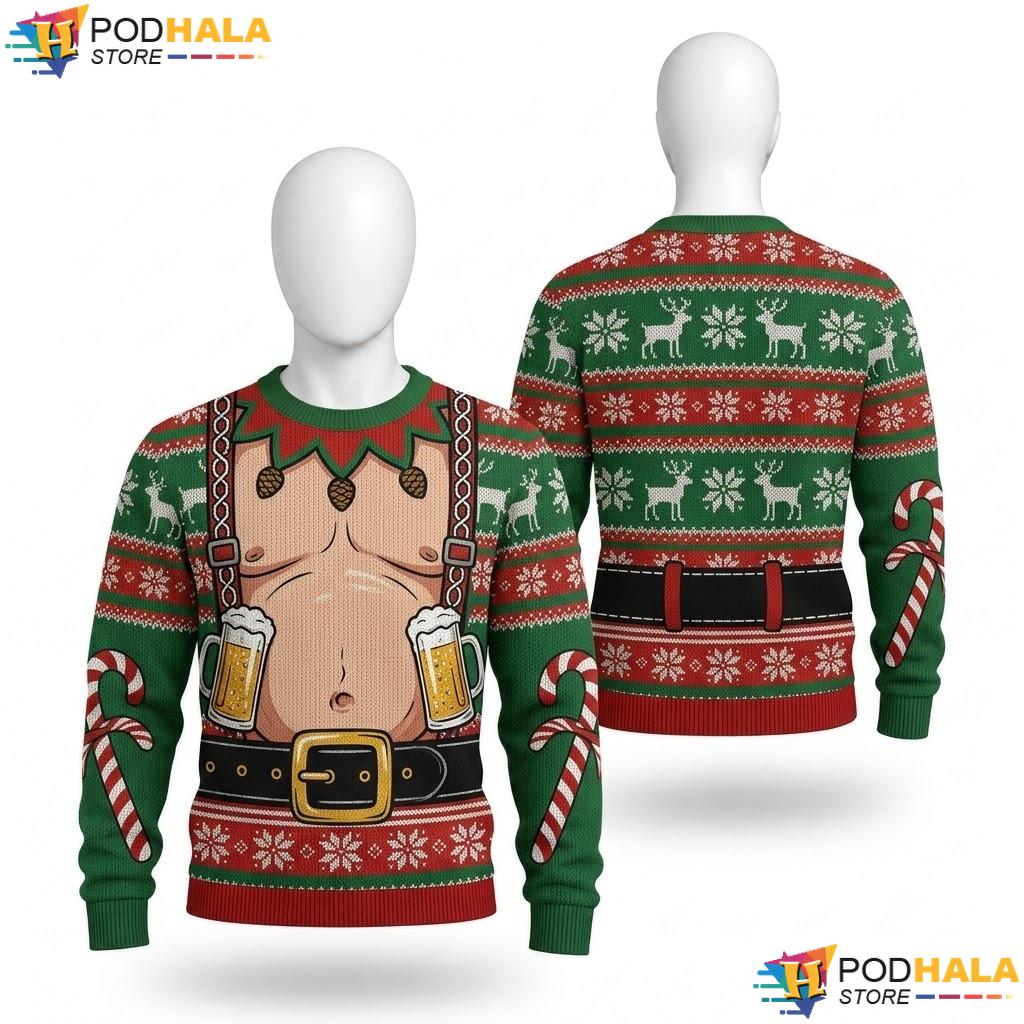 Belly Santa Beer Mugs Ugly Xmas Sweater Festive Candy Canes Christmas