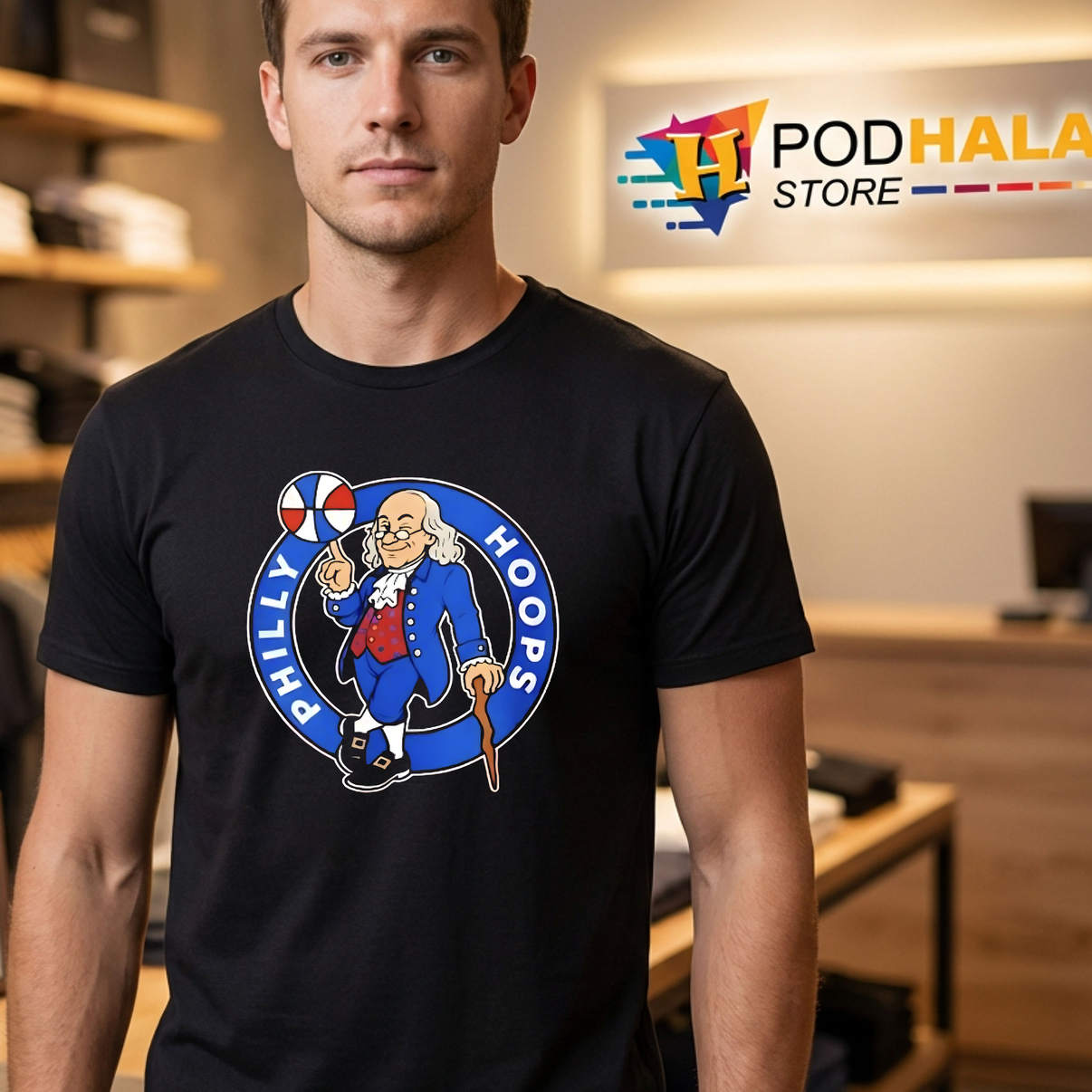 Ben Franklin Philly Hoops Shirt Basketball Sports Fan Casual Graphic Mens