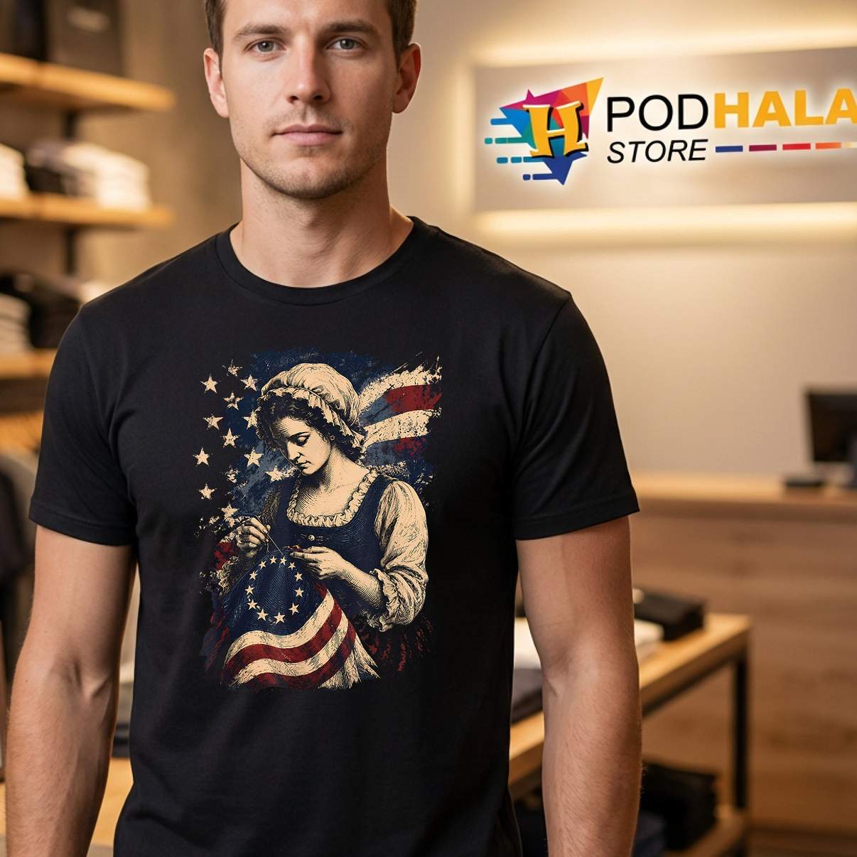 Betsy Ross Sewing USA Flag Shirt Patriotic Fourth Of July Vintage