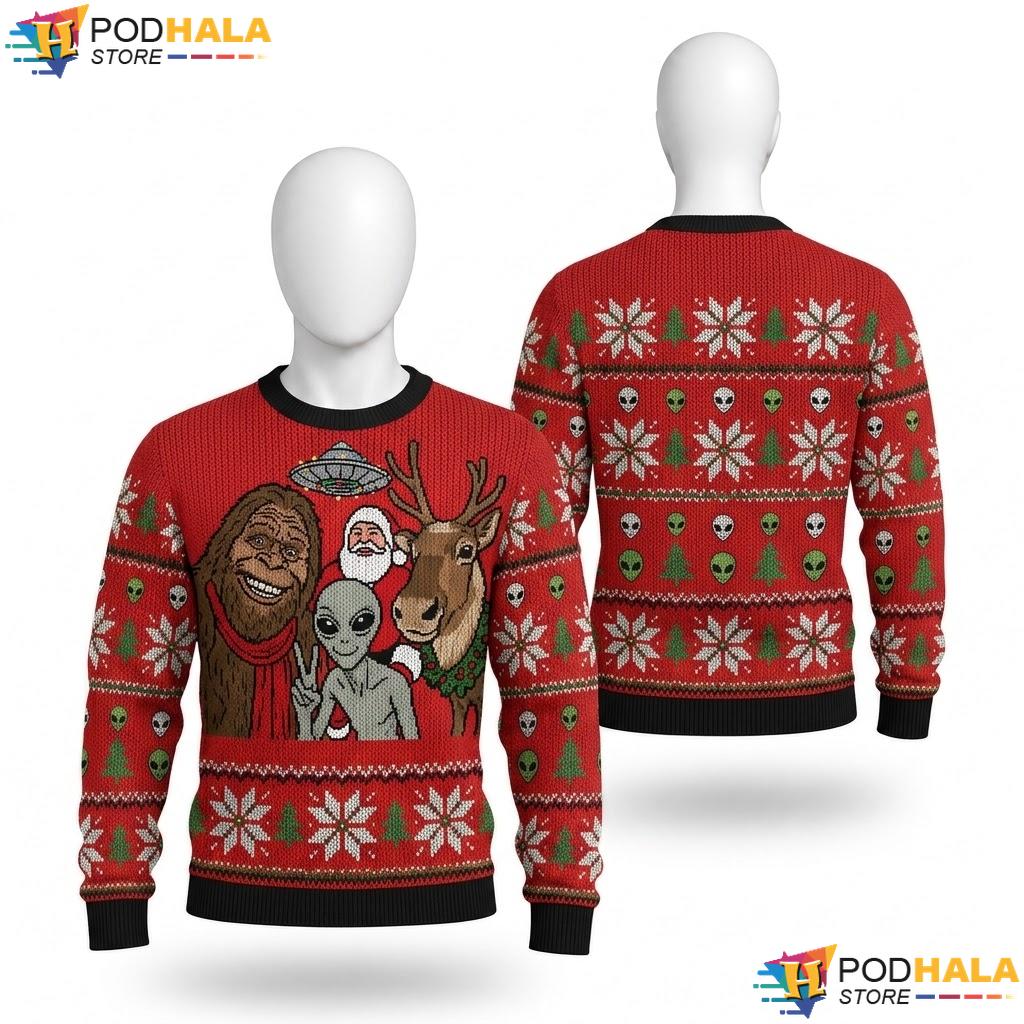 Bigfoot Alien UFO Santa Christmas Sweater Reindeer Funny Holiday