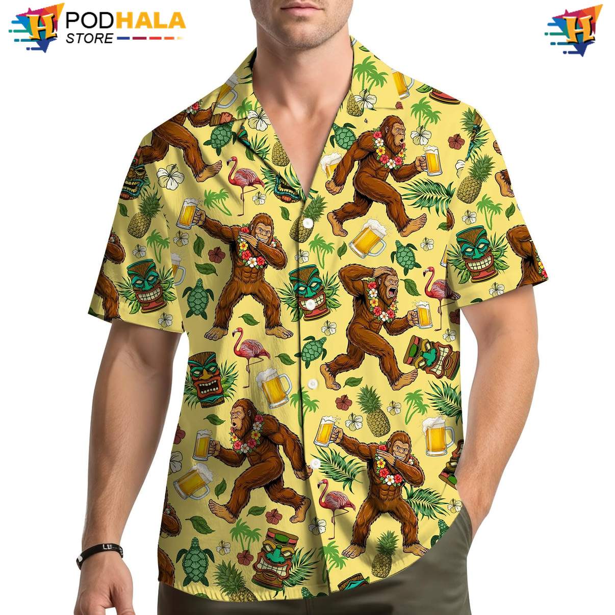 Bigfoot Beer Fire Hawaiian Shirt Mens Beach Button Down Novelty Camp Gear