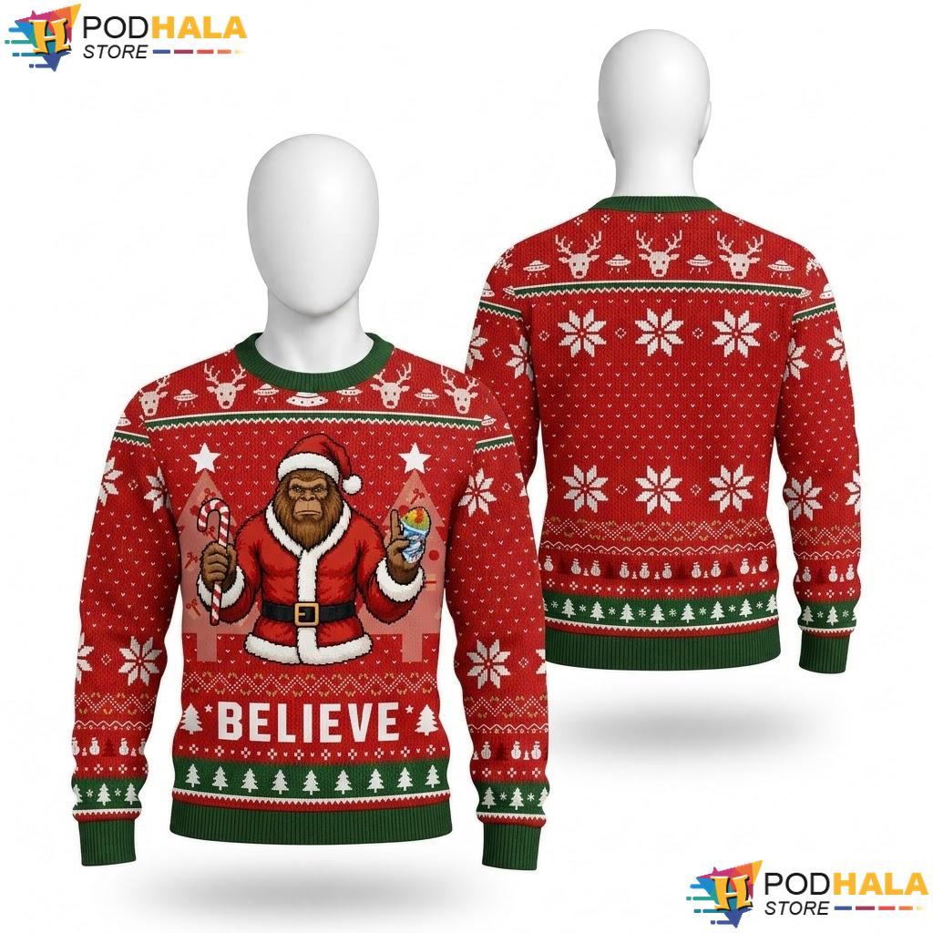 Bigfoot Believe Playful Candy Sweater Christmas Holiday Heart Pullover