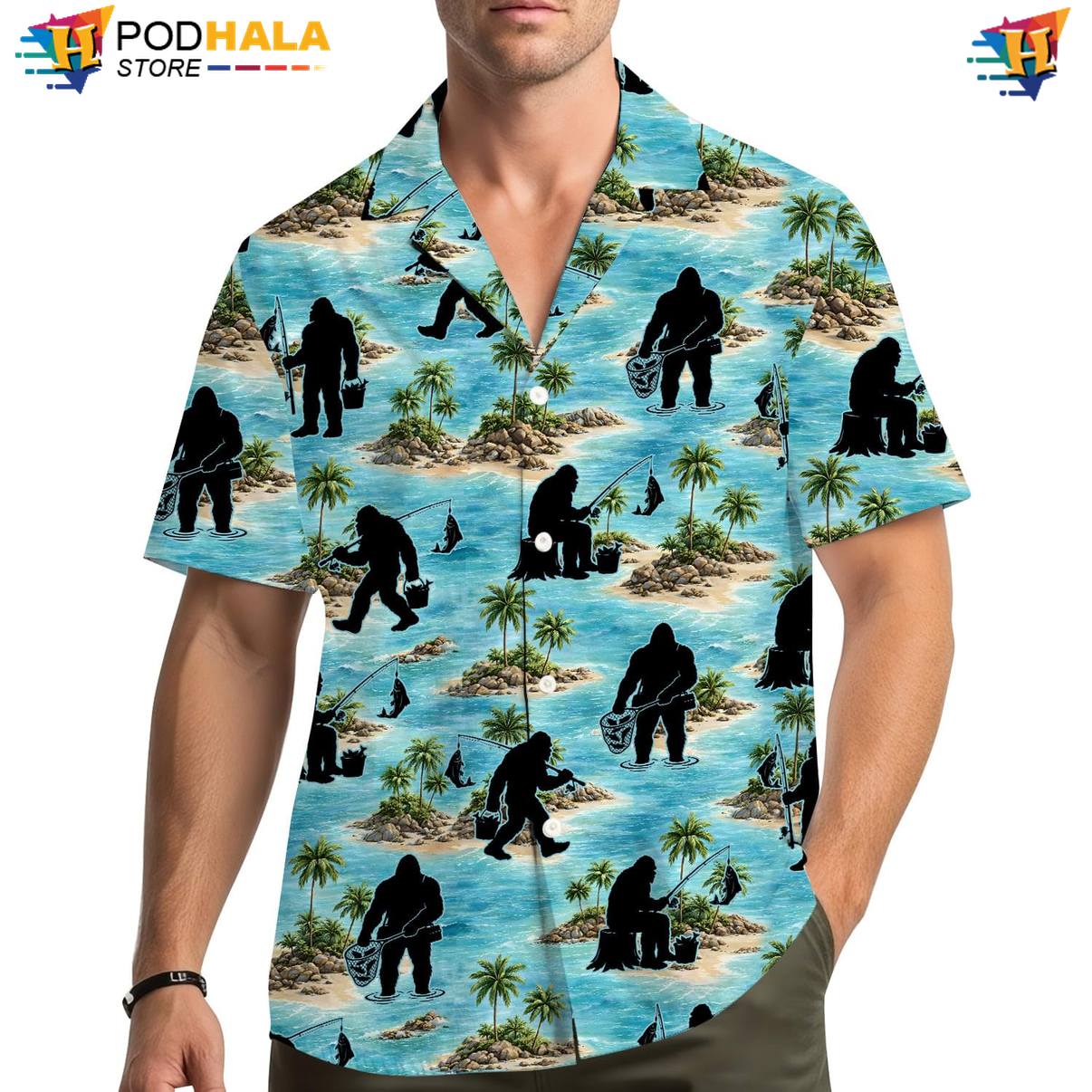 Bigfoot Fishing Hawaiian Shirt Mens Tropical Luau Party Weekend Apparel Top