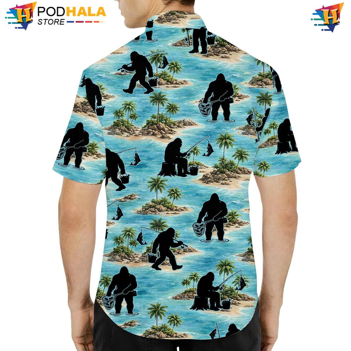 Bigfoot Fishing Aloha Shirt Mens Tropical Luau Party Weekend Apparel Top Bigfoot Fishing Aloha Shirt Mens Tropical Luau Party Weekend Apparel Top