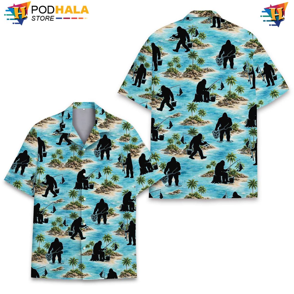 Bigfoot Fishing Short-sleeve button-up shirt Mens Tropical Luau Party Weekend Apparel Top Bigfoot Fishing Short-sleeve button-up shirt Mens Tropical Luau Party Weekend Apparel Top