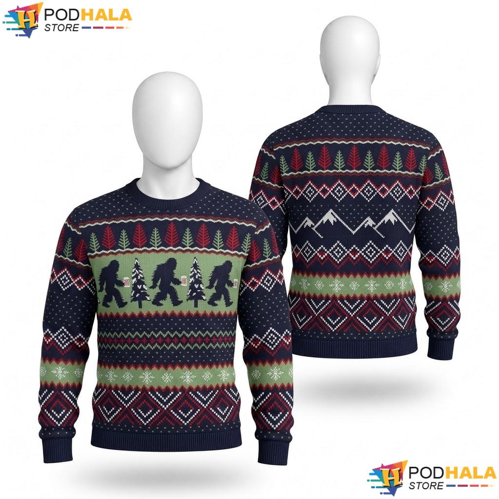 Bigfoot Navy Ugly Christmas Sweater Funny Holiday Mens Graphic Outfit