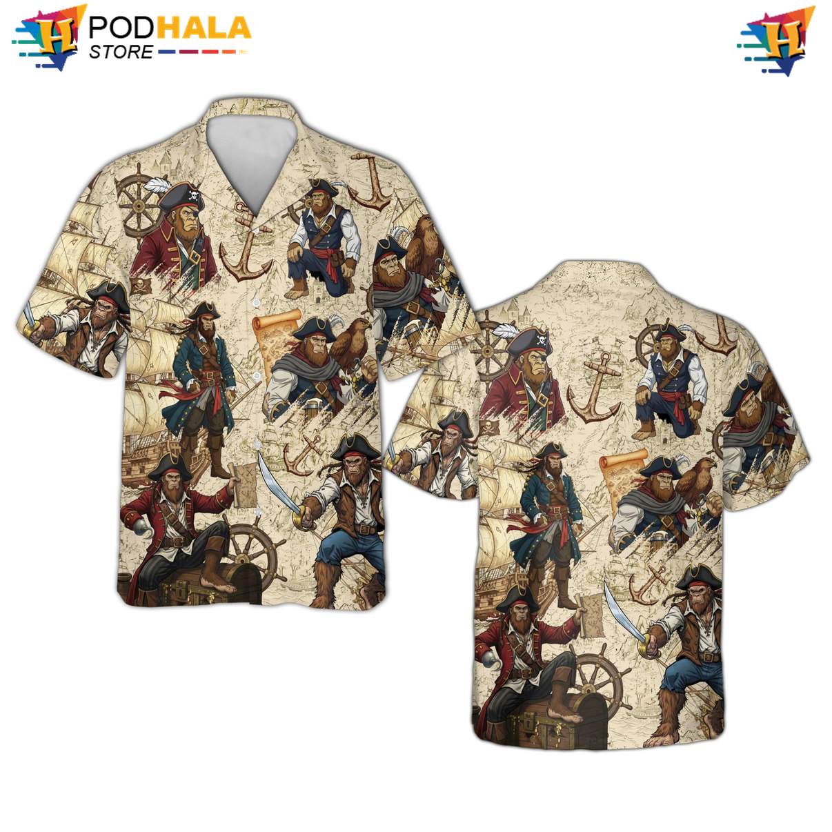 Bigfoot Pirate Aloha Shirt Mens Tropical Beach Button Down Vacation Outfit