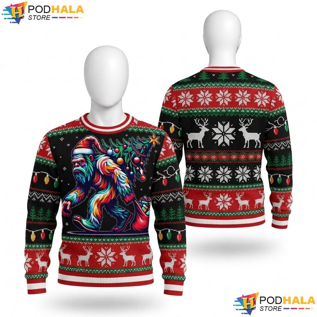 Bigfoot Sasquatch Lights Christmas Sweater Xmas Boys Men Holiday
