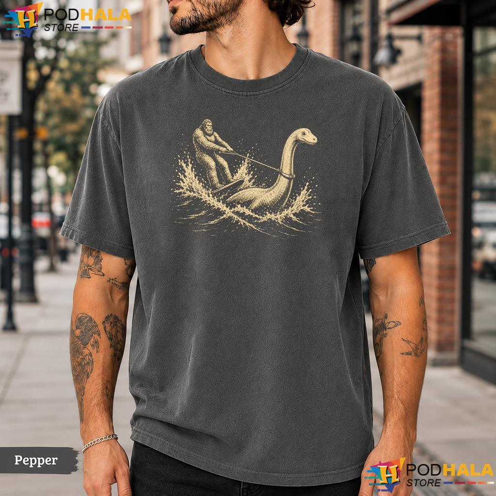 Bigfoot Waterskiing Comfort Colors T-Shirt Loch Ness Monster Cryptid Graphic