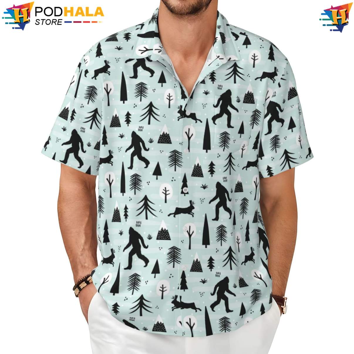 Bigfoot Wilderness Hawaiian Shirt Funny Mens Short Sleeve Button Up Apparel