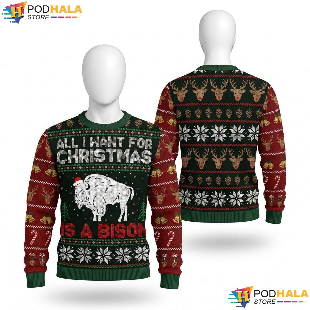 Bison Funny Ugly Christmas Sweater All I Want For Xmas Holiday Top