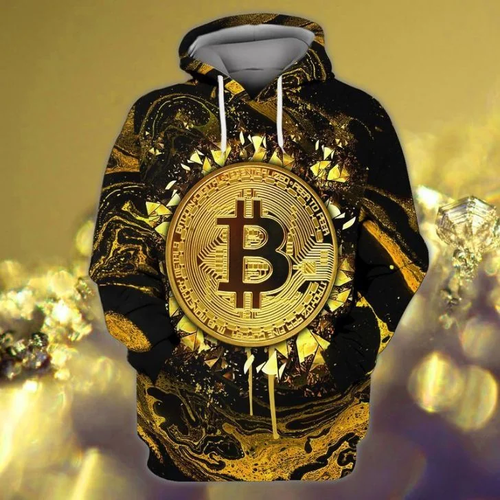 Bitcoin Cryptocurrency 3d Hoodie With Shiny Gold Logo And Marbled Design