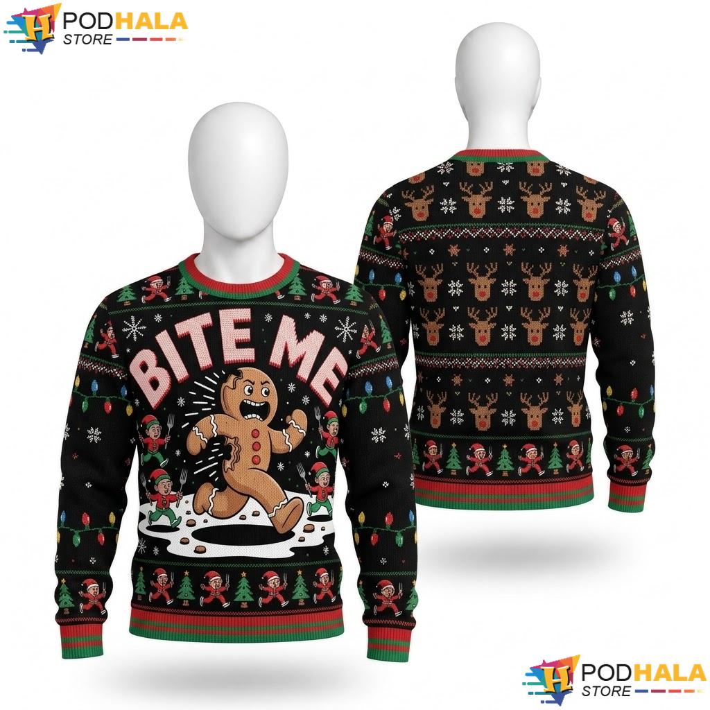 Bite Me Gingerbread Man Ugly Christmas Sweater Funny Xmas Holiday