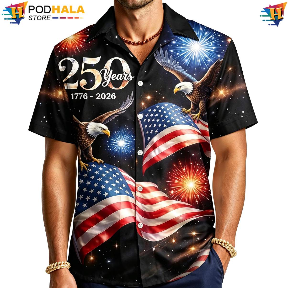 Black 250th Anniversary Hawaiian Shirt Mens USA Patriotic Statue Of Liberty