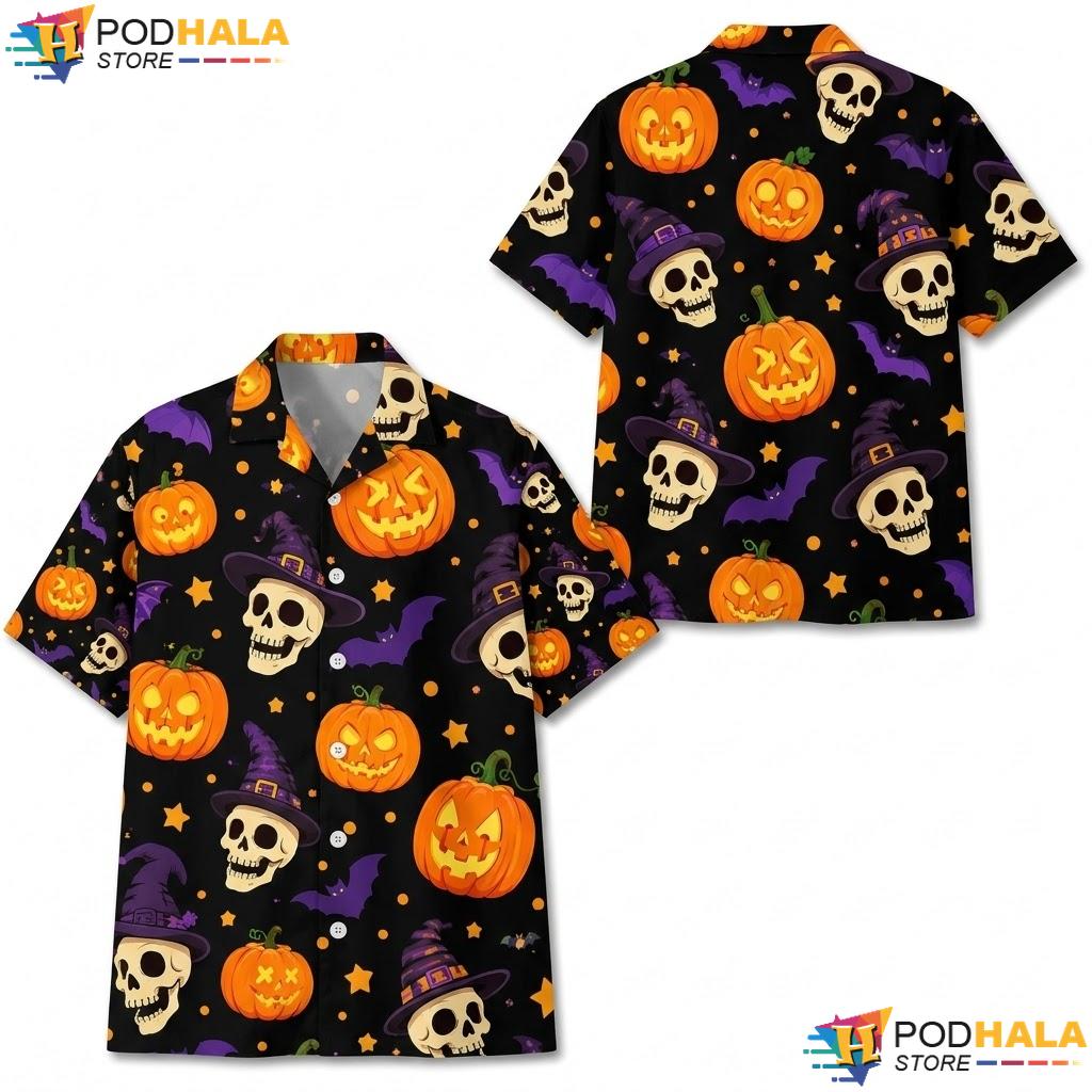 Black Bat Skull Hawaiian Shirt Pumpkin Graphic Halloween Beach Apparel