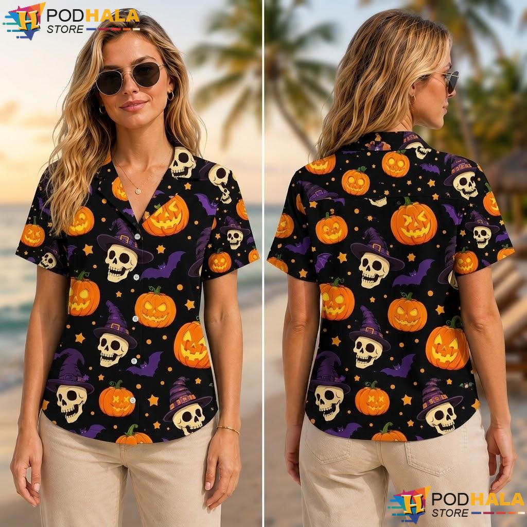 Black Bat Skull Aloha Shirt Pumpkin Graphic Halloween Beach Apparel Black Bat Skull Aloha Shirt Pumpkin Graphic Halloween Beach Apparel