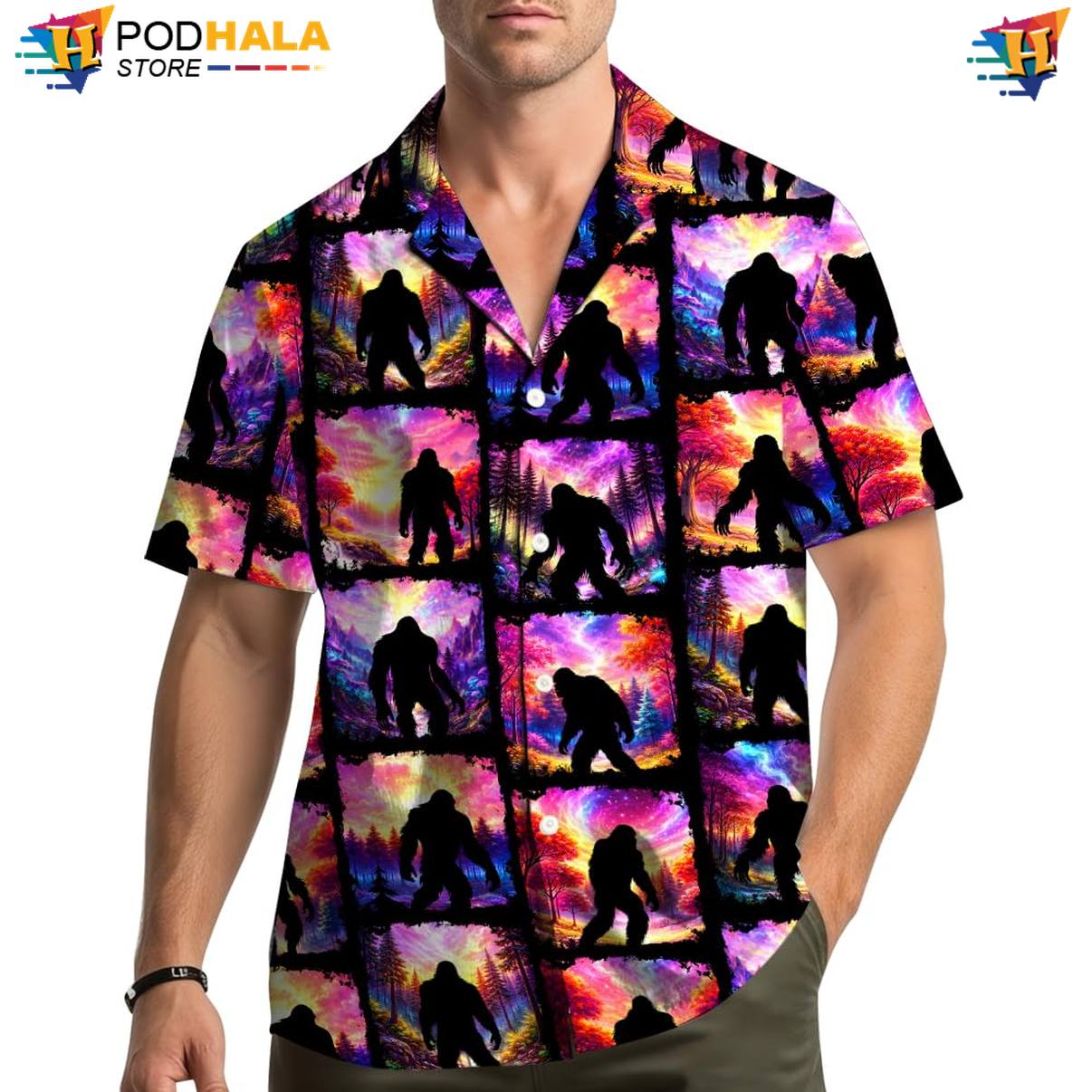 Black Bigfoot Hawaiian Shirt Mens Short Sleeve Button Down Beach Apparel