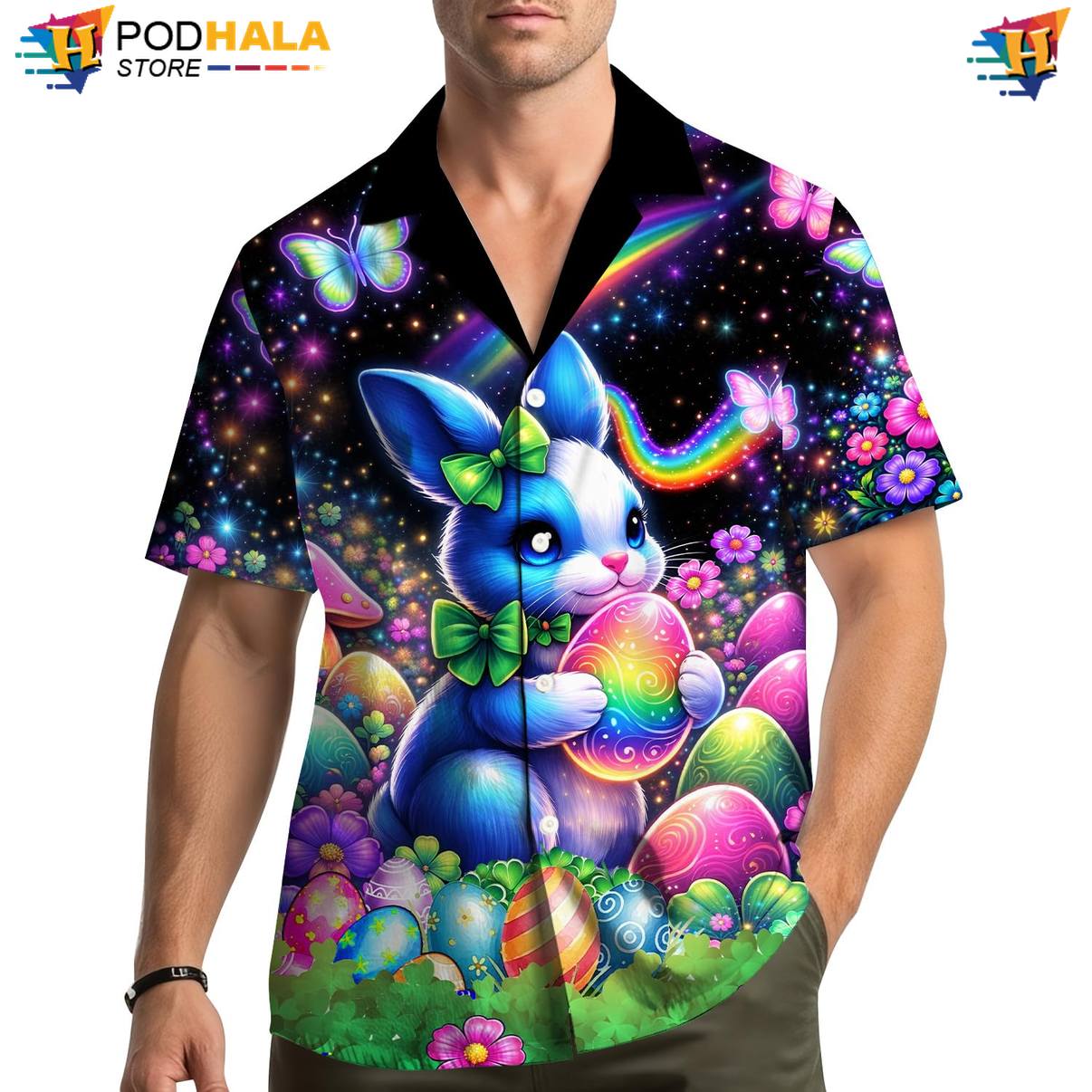 Black Bunny Aloha Shirt Mens Short Sleeve Button Down Casual Beachwear