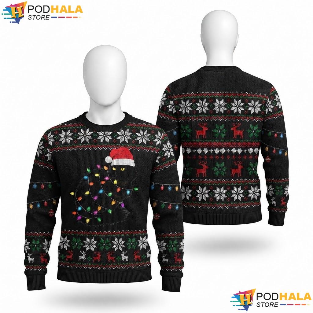 Black Cat Funny Ugly Christmas Sweater Santa Cat Festive Holiday