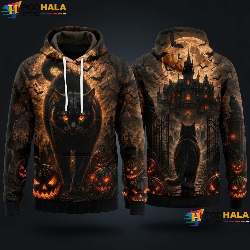 Black Cat Halloween All Over Print Hoodie Scary Gothic Castle Spooky Pumpkin