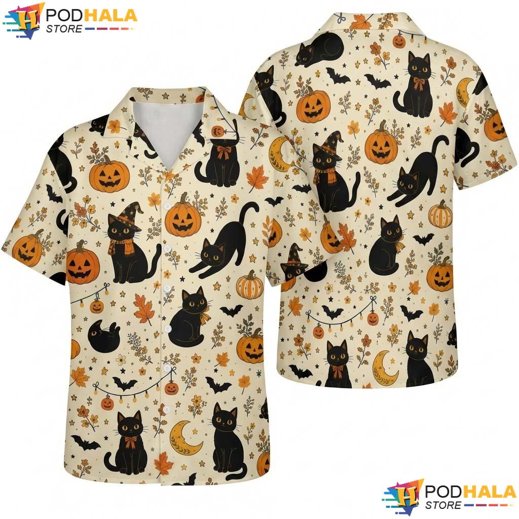 Black Cat Halloween Hawaiian Shirt Spooky Pumpkin Trick Treat Top
