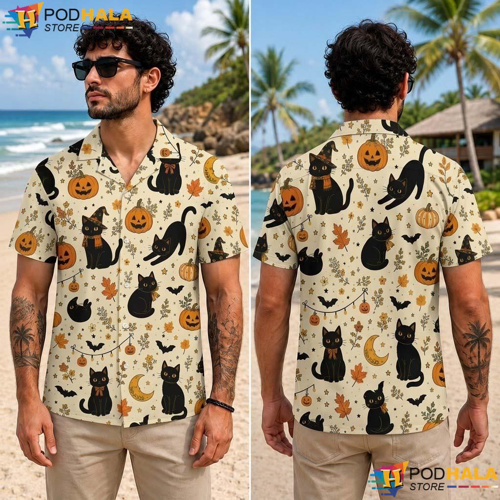 Black Cat Halloween Aloha Shirt Spooky Pumpkin Trick Treat Top Black Cat Halloween Aloha Shirt Spooky Pumpkin Trick Treat Top