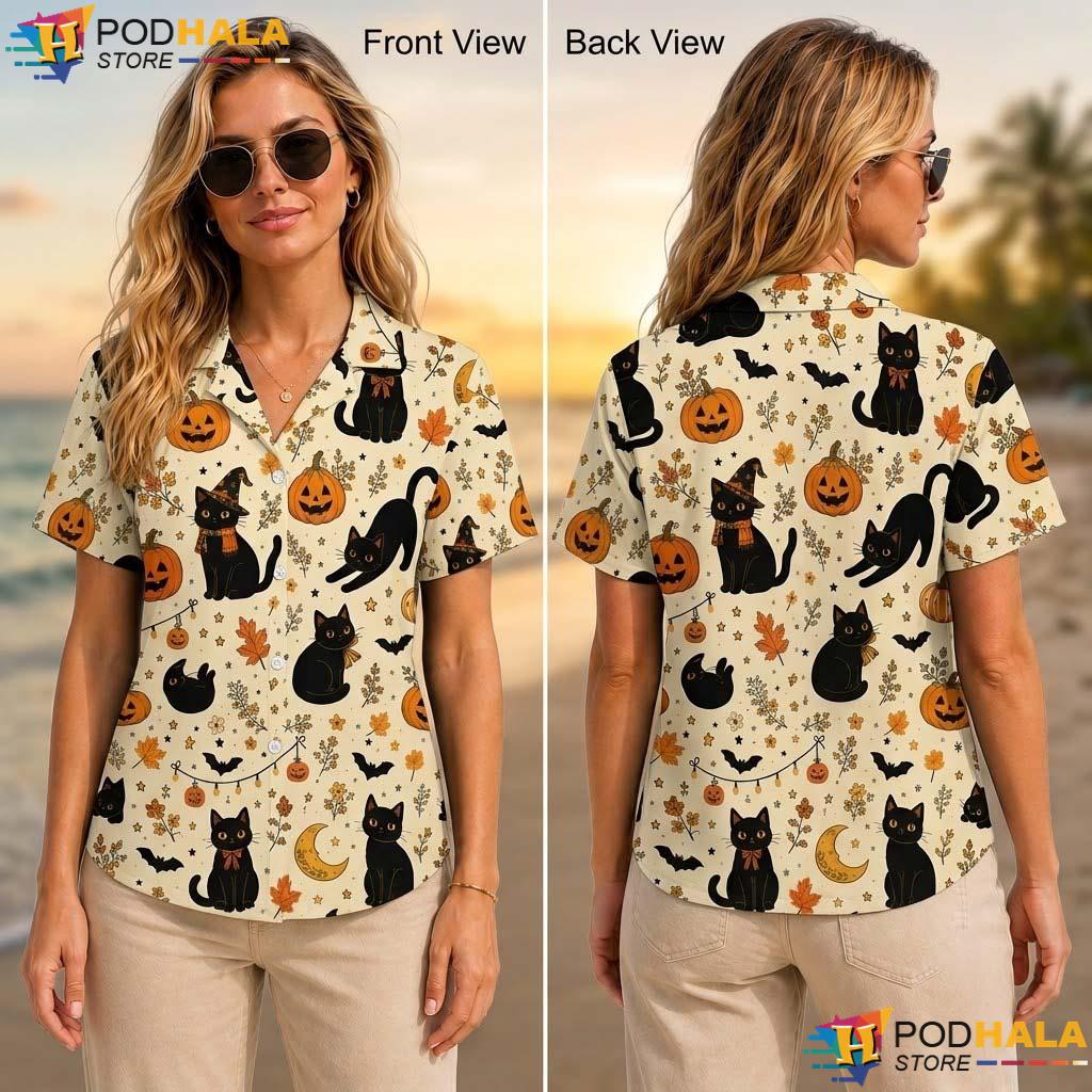 Black Cat Halloween Tropical Shirt Spooky Pumpkin Trick Treat Top Black Cat Halloween Tropical Shirt Spooky Pumpkin Trick Treat Top