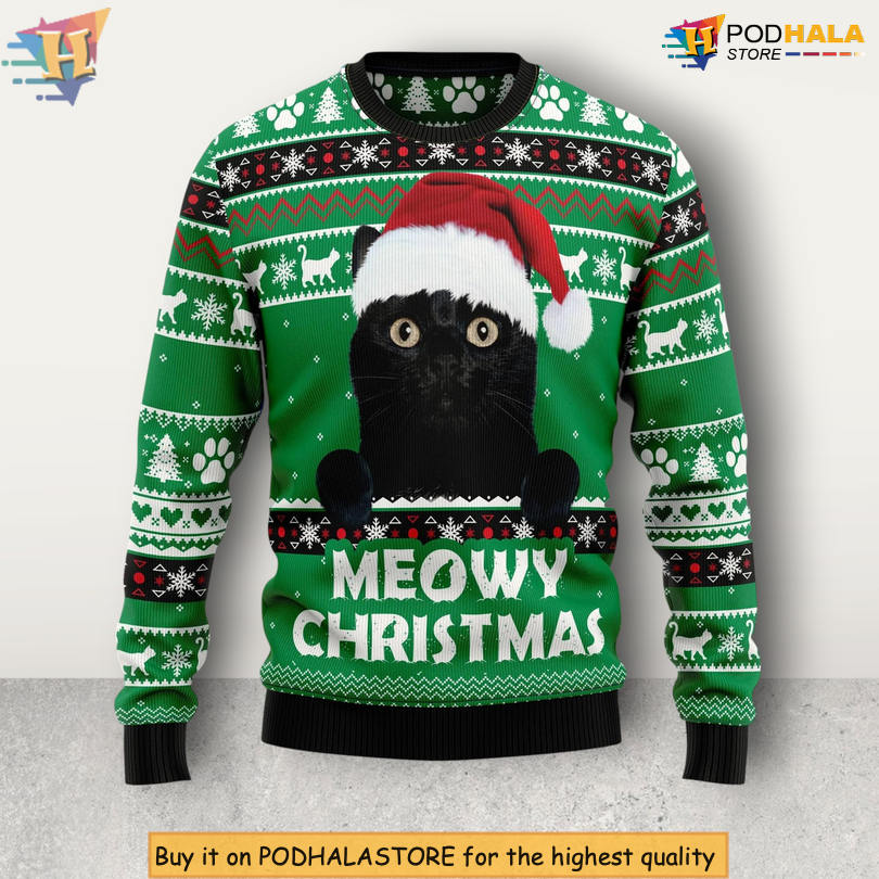 Black Cat Meowy Theme Funny Cute Character Holiday Christmas Sweater Black Cat Meowy Theme Funny Cute Character Holiday Christmas Sweater