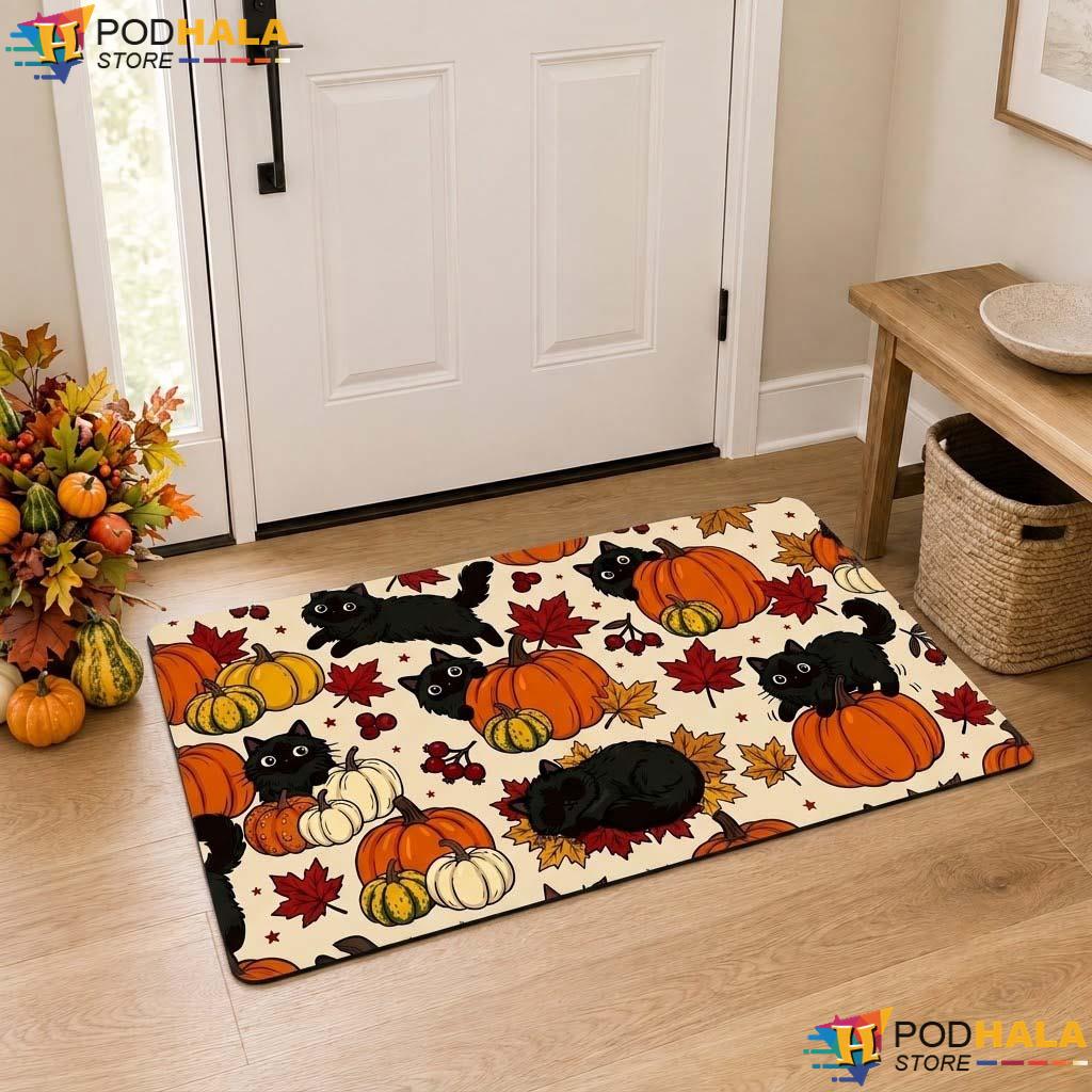 Black Cat Pumpkin Doormat Cute Spooky Halloween Entrance Rug Front Porch