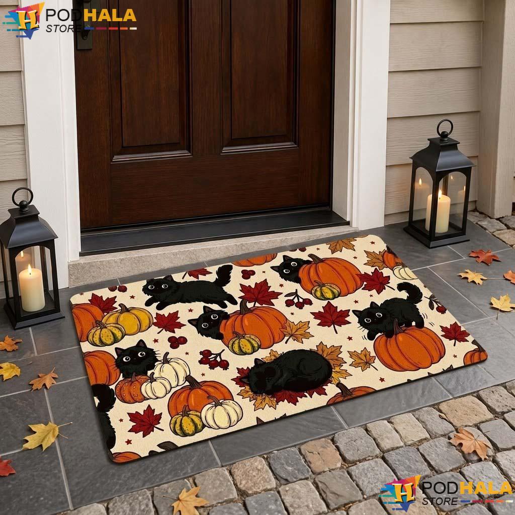 Black Cat Pumpkin Doormat Cute Spooky Halloween Entrance Rug Front Porch - View 1 Black Cat Pumpkin Doormat Cute Spooky Halloween Entrance Rug Front Porch - View 1